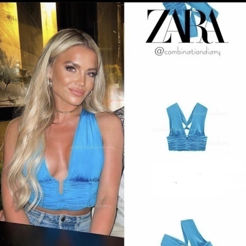 ZARA Women’s Draped 3137/352/446 Ruched Blue Sexy Plunge Zip Halter Crop Top XL